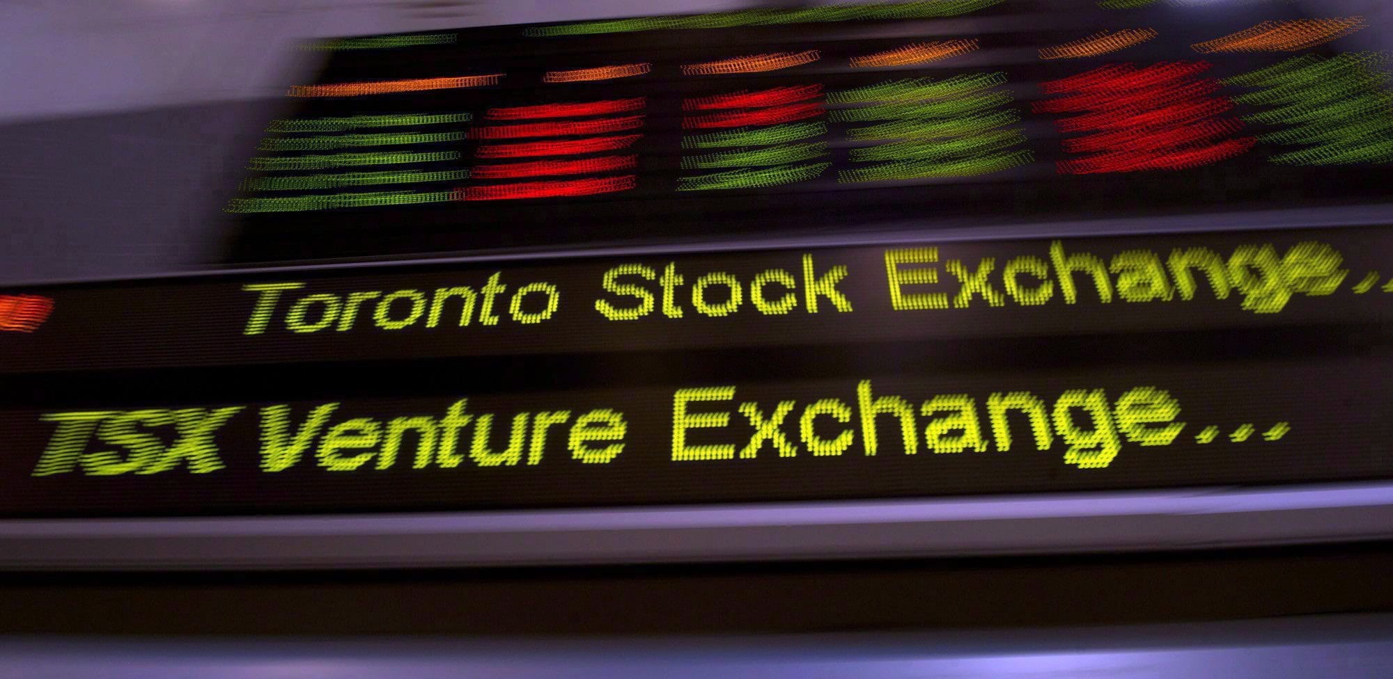 Blurry photo of the TSX Venture Exchange stock ticker.  