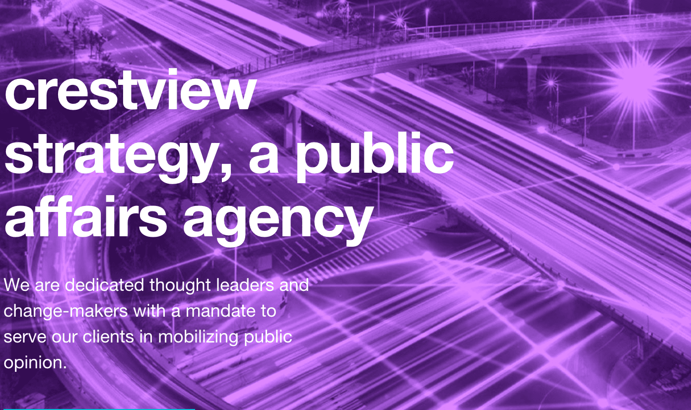 White text on a purple background reads "crestview strategy, a public affairs agency."