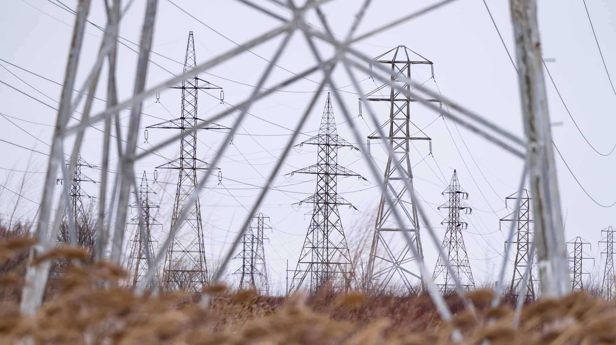 Several high voltage power lines are seen with grey skies and brown wheat fields