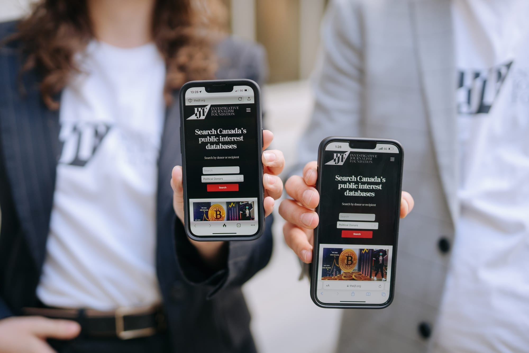 Two people hold smartphones showing the home page of theijf.org.