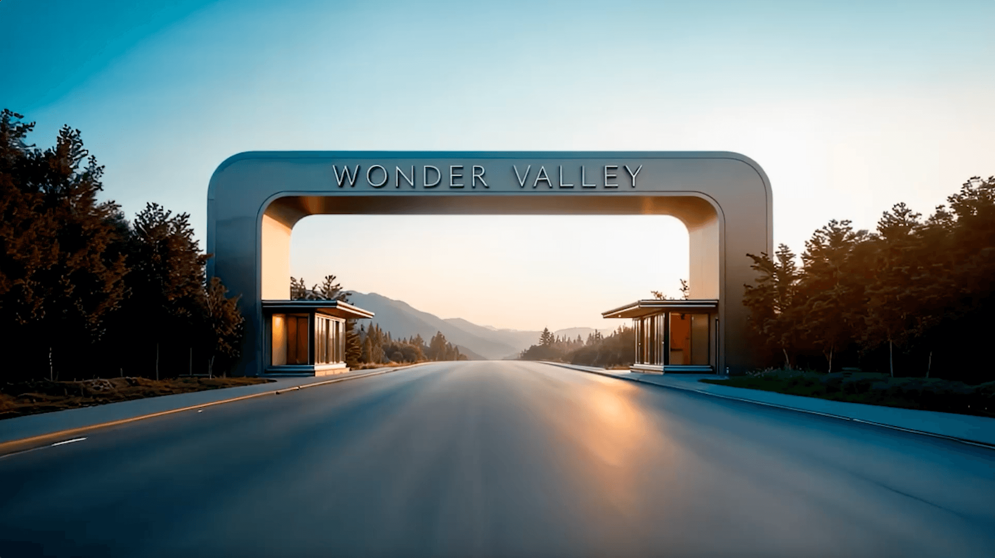 An illustration of a road with an archway that has a sign spelling out Wonder Valley. 