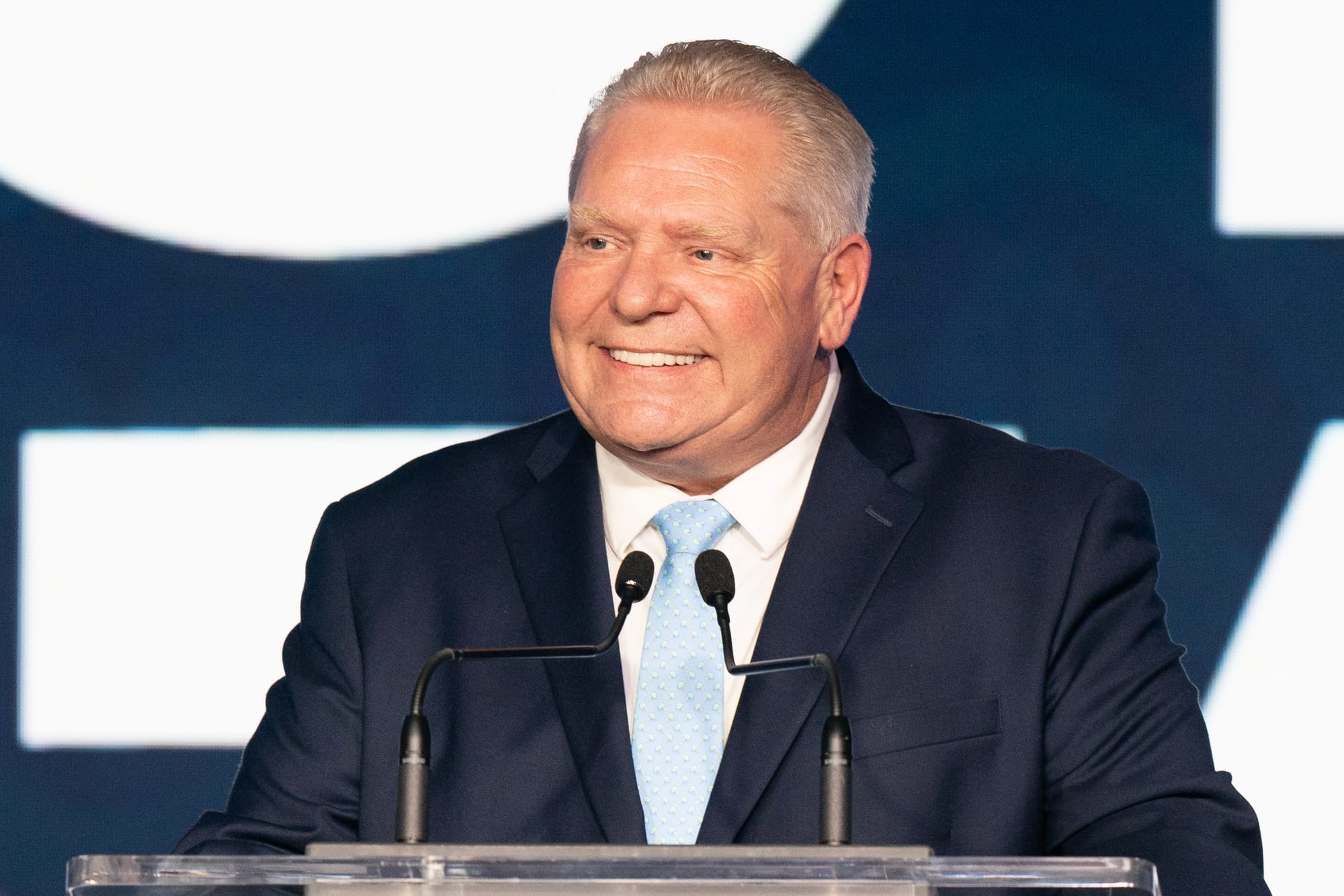 Ontario Progressive Conservative Leader Doug Ford speaks to supporters after being re-elected Premier in Toronto on February 27.