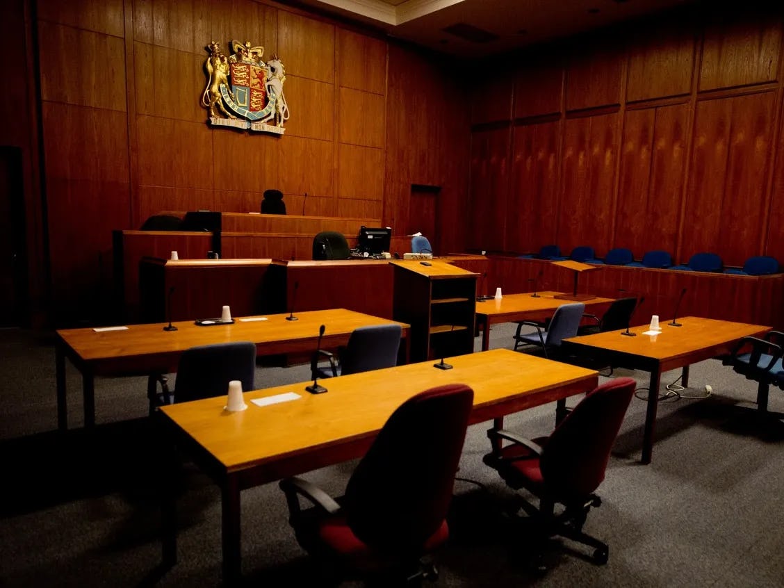 The interior of a Toronto courtroom.