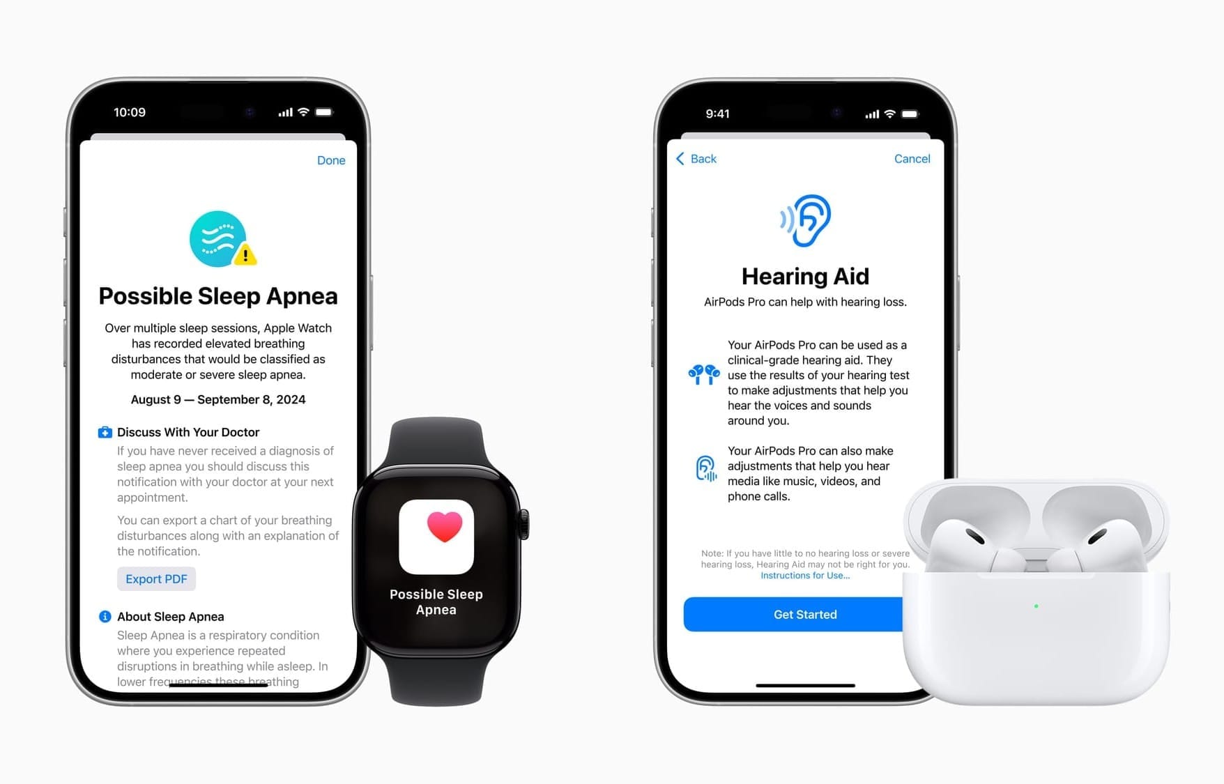 Two iPhones are shown, one with a sleep apnea application and one with a hearing application.