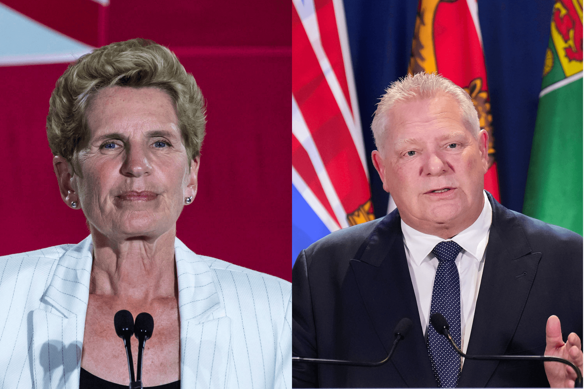 A woman with short blonde hair and a white blazer and a man with white hair wearing a navy suit are behind podiums