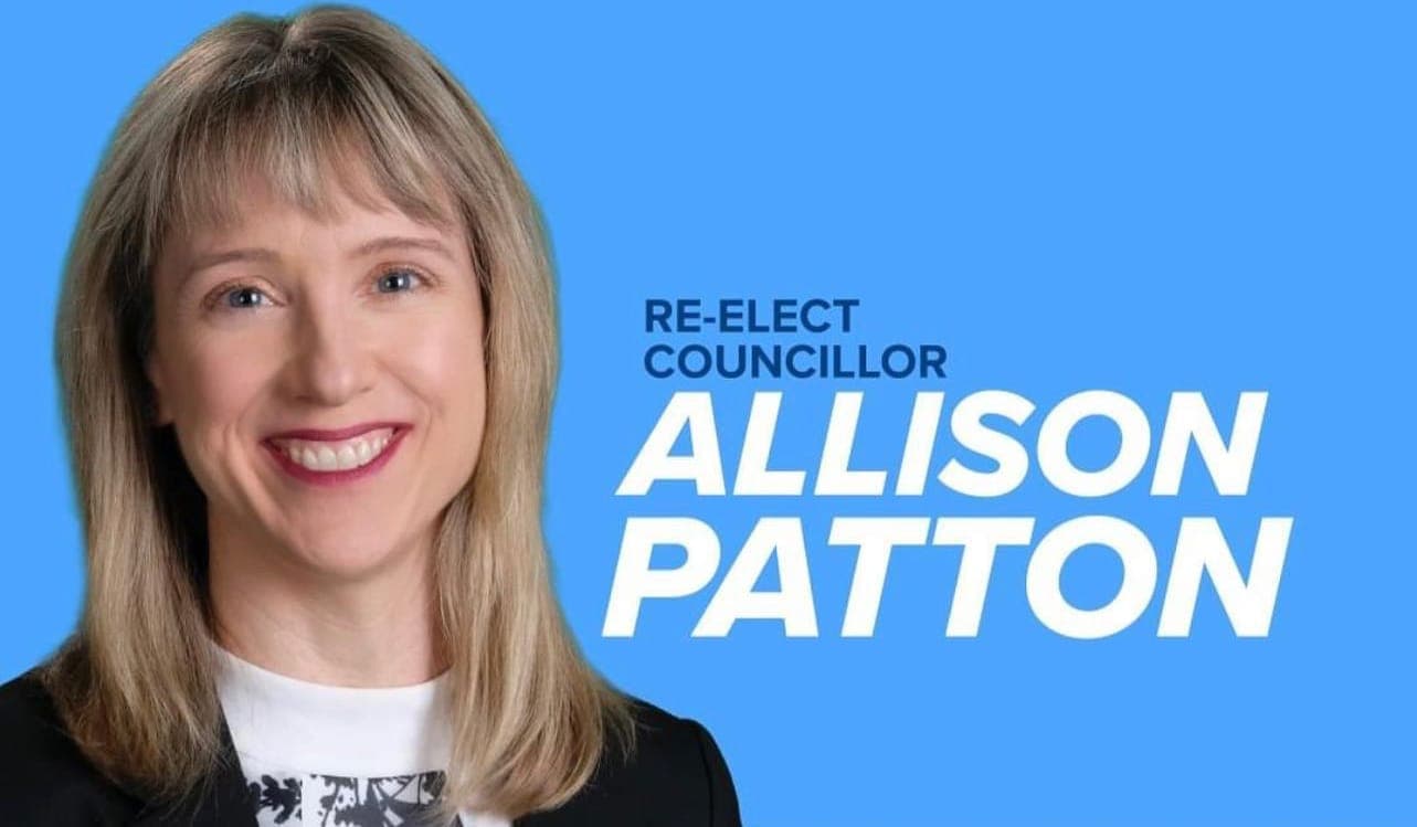 Allison Patton smiles on an election campaign poster reading 'Re-elect councillor Allison Patton.'