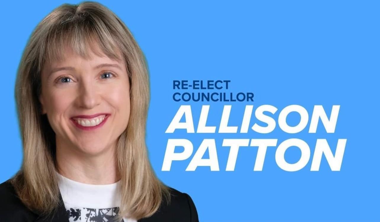 Allison Patton smiles on an election campaign poster reading 'Re-elect councillor Allison Patton.'