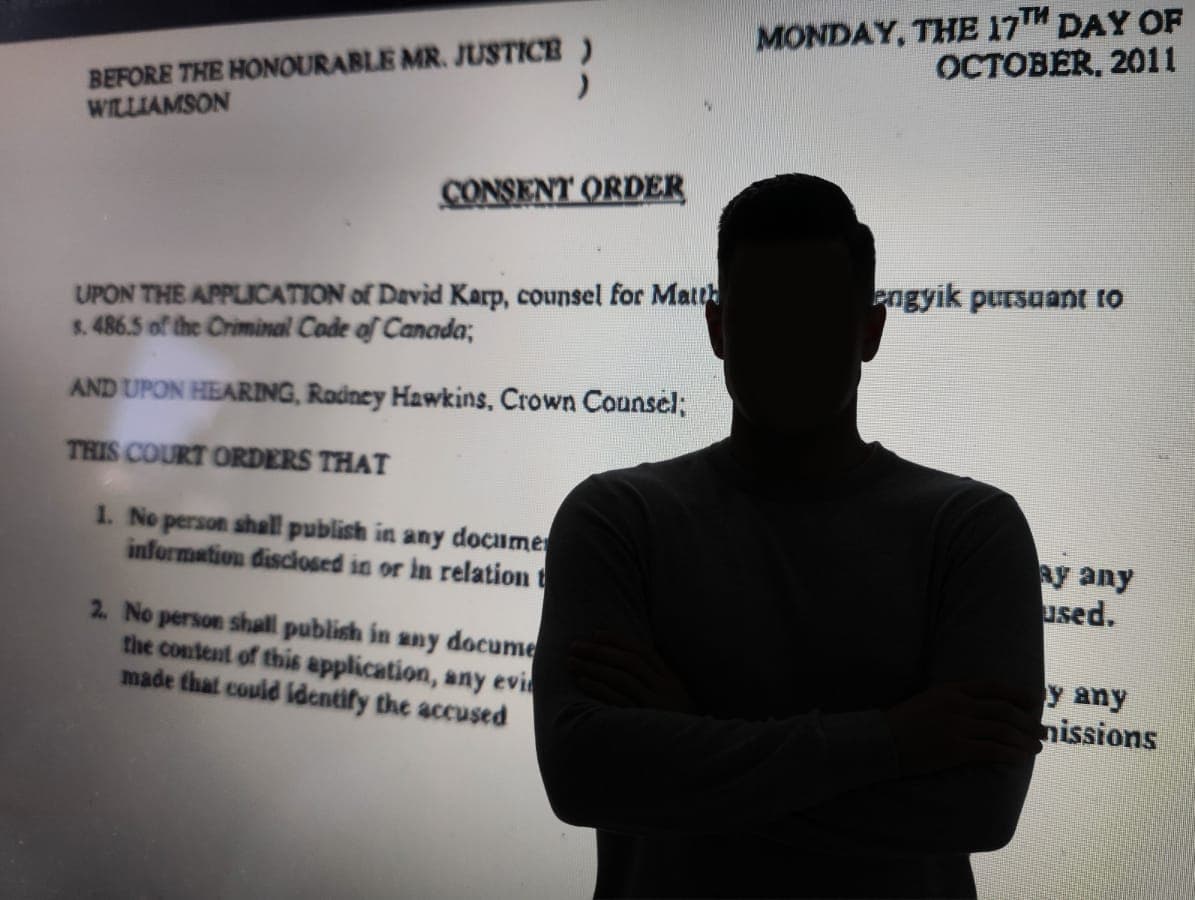 A man is shown in silhouette from the waist up, in front of a written order for a publication ban.