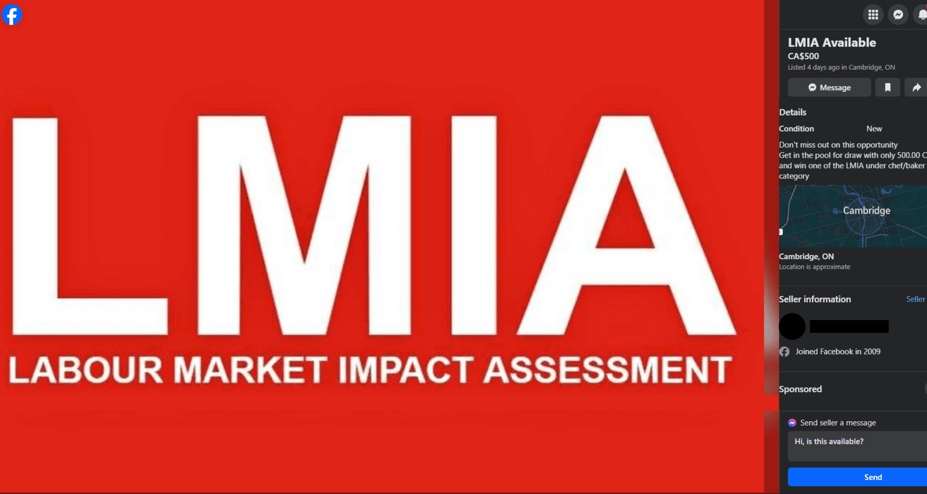 An ad shows LMIA in white block letters against a red background for sale for $500.