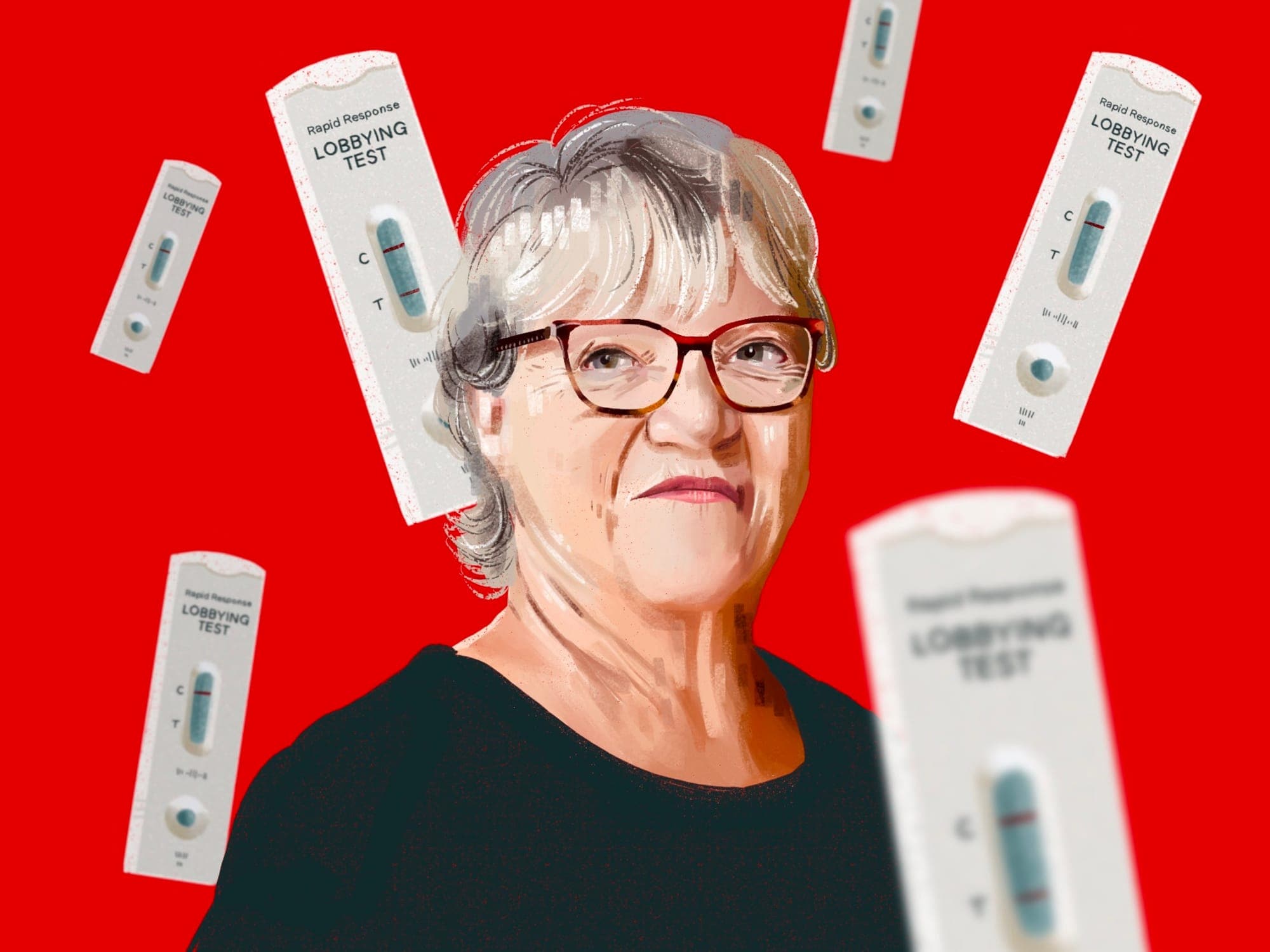 An illustration showing Sheila Copps with floating images of tests labelled "Lobbying Test"