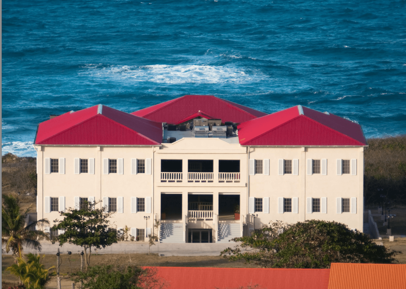 Medical University of the Americas building by the ocean in Saint Kitts and Nevis.