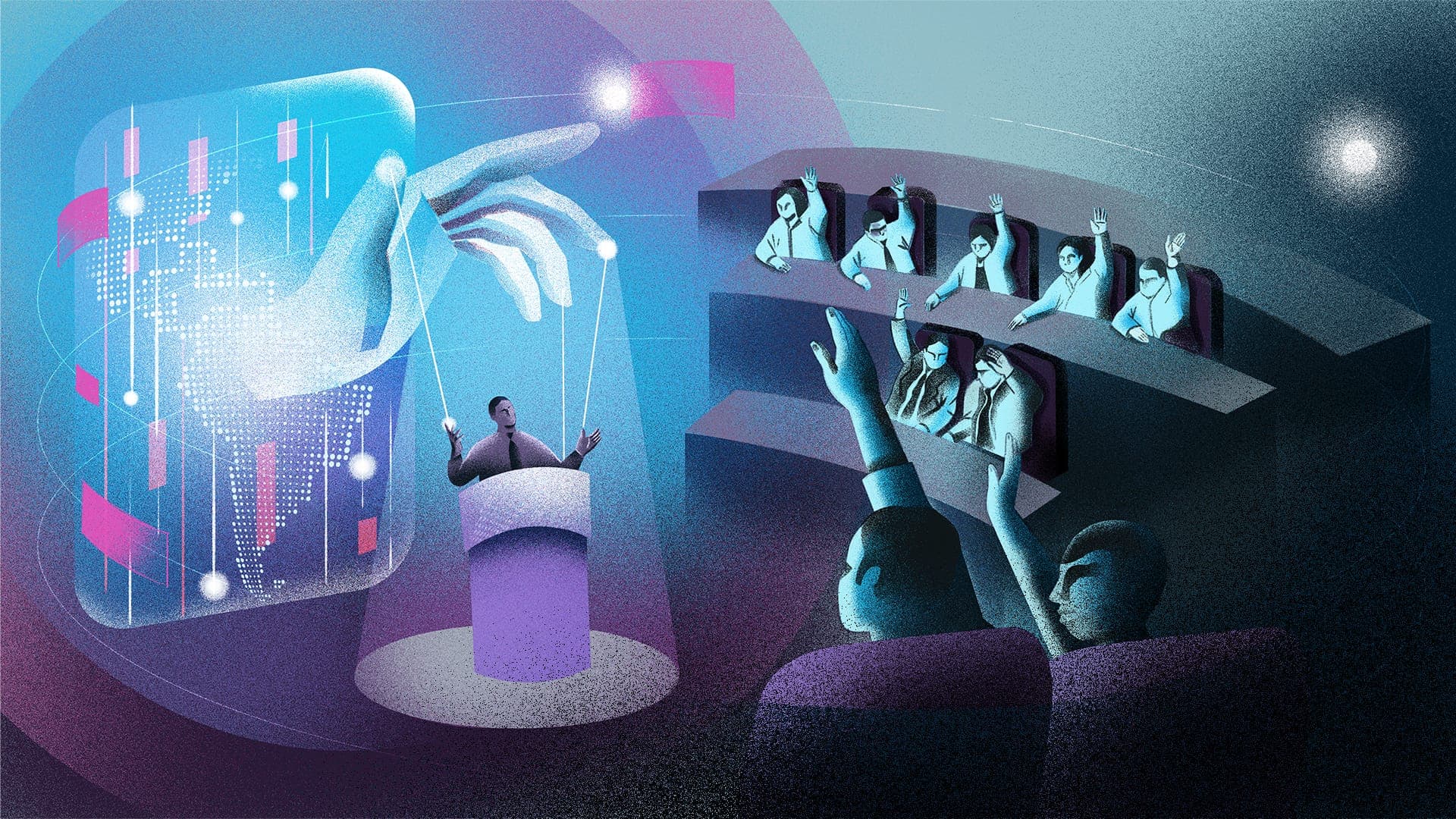 An illustration shows a large hand puppeteering a politician at a podium and other legislators watch.