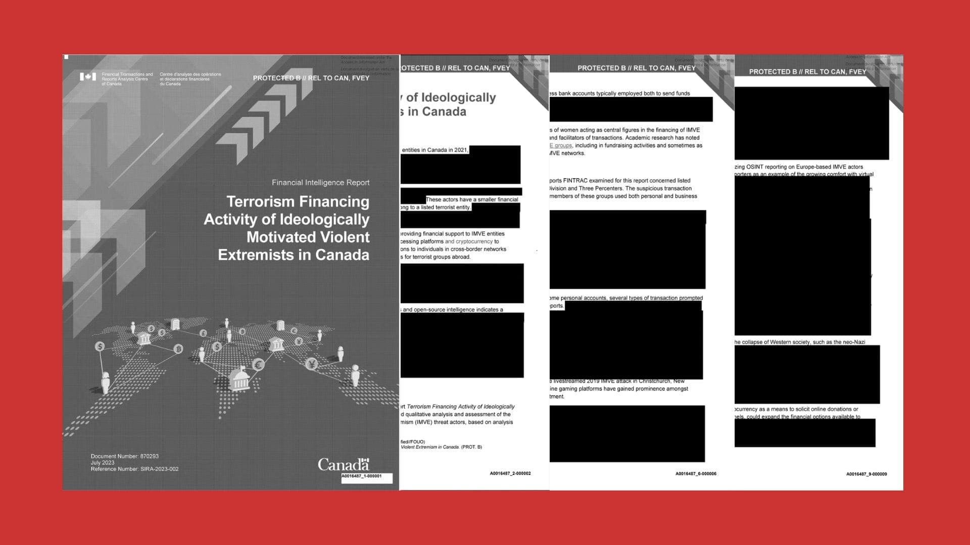 An image shows four pages from a report titled Terrorism Financing Activity of Ideologically Motivated Violent Extremists in Canada.