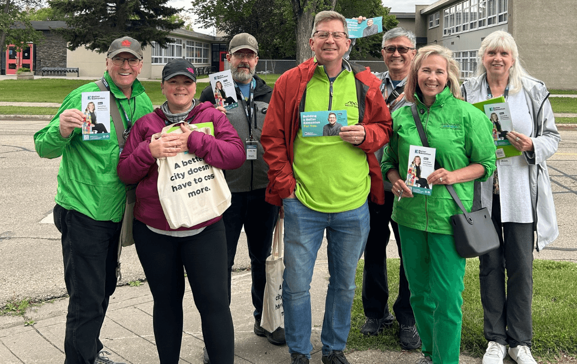 Better Edmonton mayoral candidate Tim Cartmell poses with campaign volunteers
