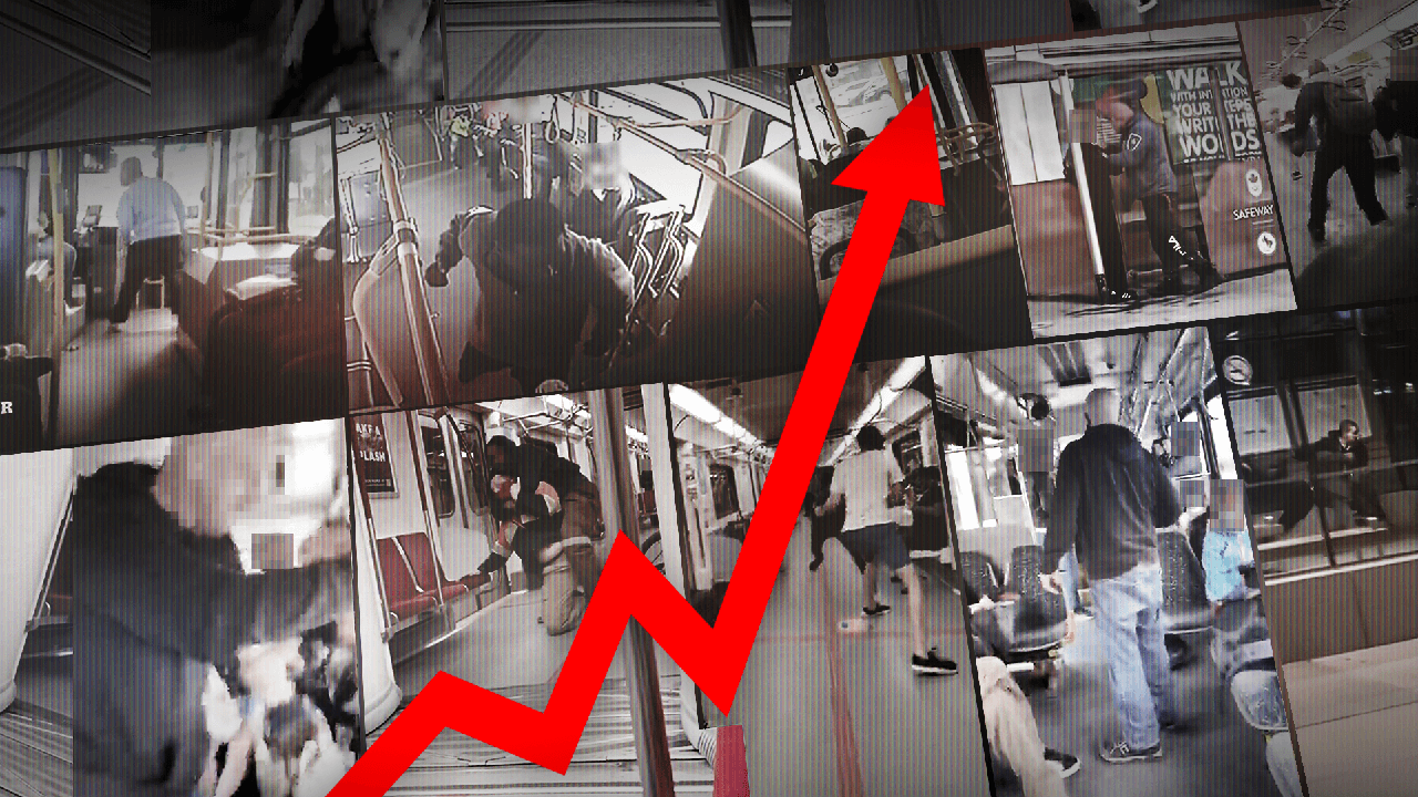 A composite image shows stills from bystander video of violent incidents on public transit.