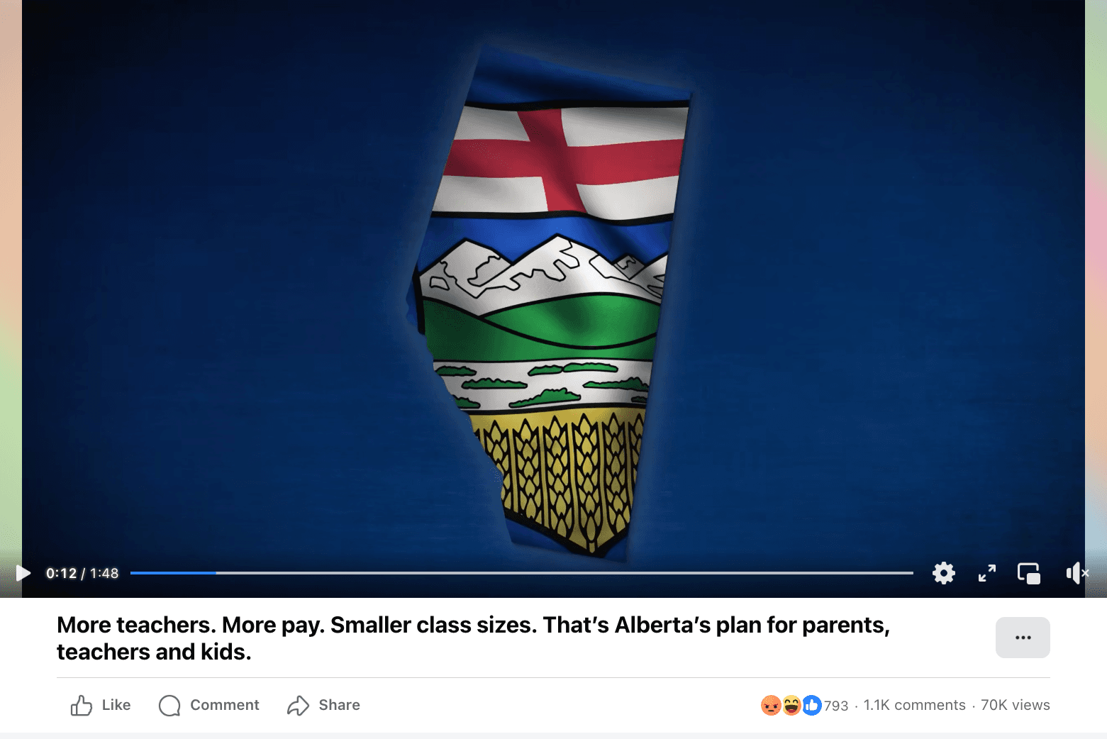 A Facebook video shows an Alberta flag with the caption "More teachers. More pay. Smaller class sizes. That's Alberta's plan for parents, teachers and kids."