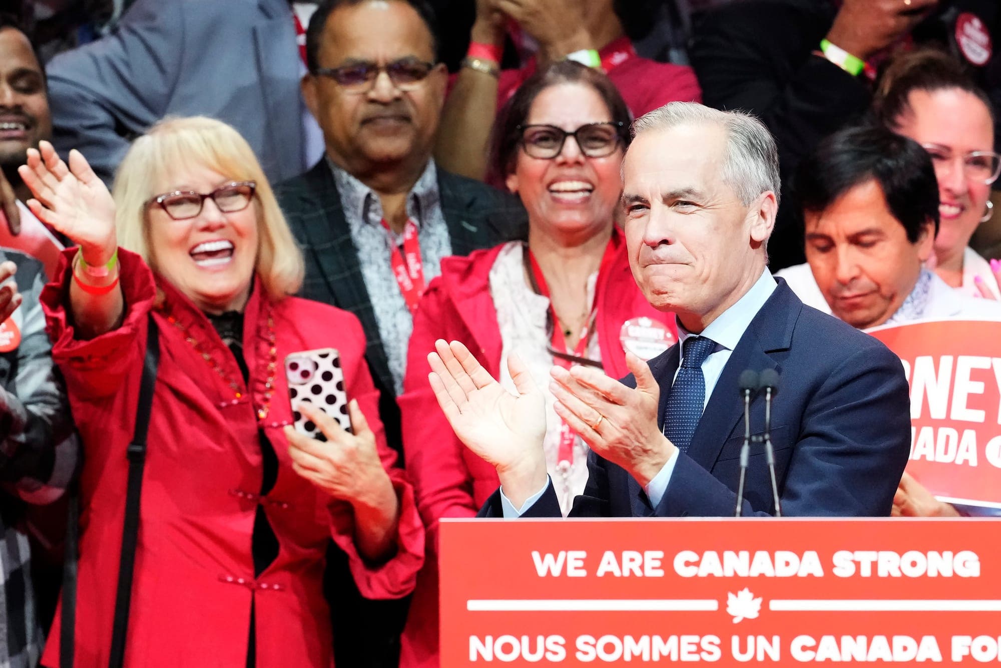 Canadian Prime Minister Mark Carney smiles on stage at his campaign headquarters after the Liberal Party won the Canadian election in Ottawa, Tuesday, April 29, 2025.