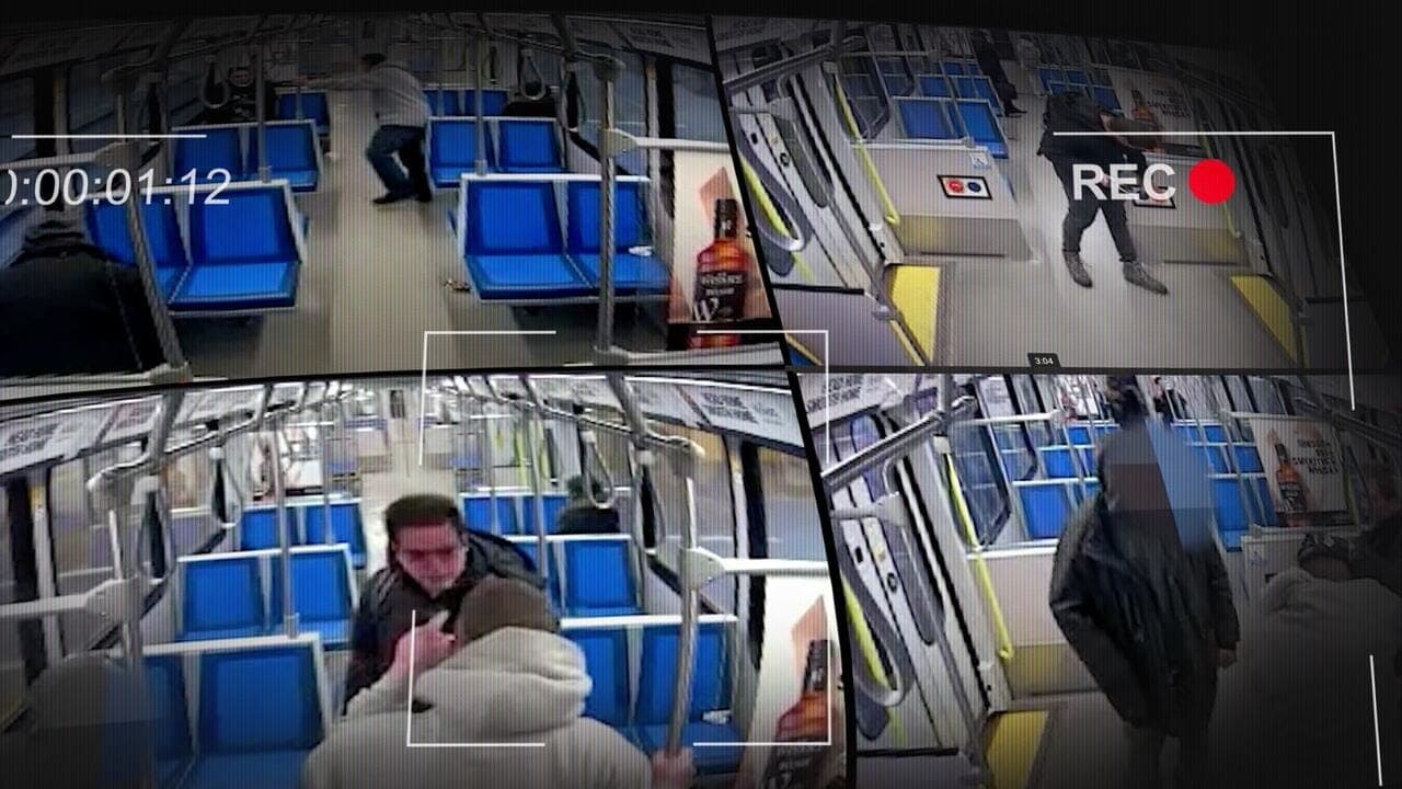 Four frames of still images taken from surveillance video show a confrontation between two men inside a public transit train.