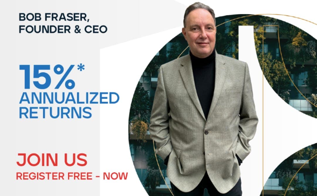 An ad for the Cynterra Group shows Bob Fraser in a grey blazer and black turtleneck next to text reading "15% annualized returns."