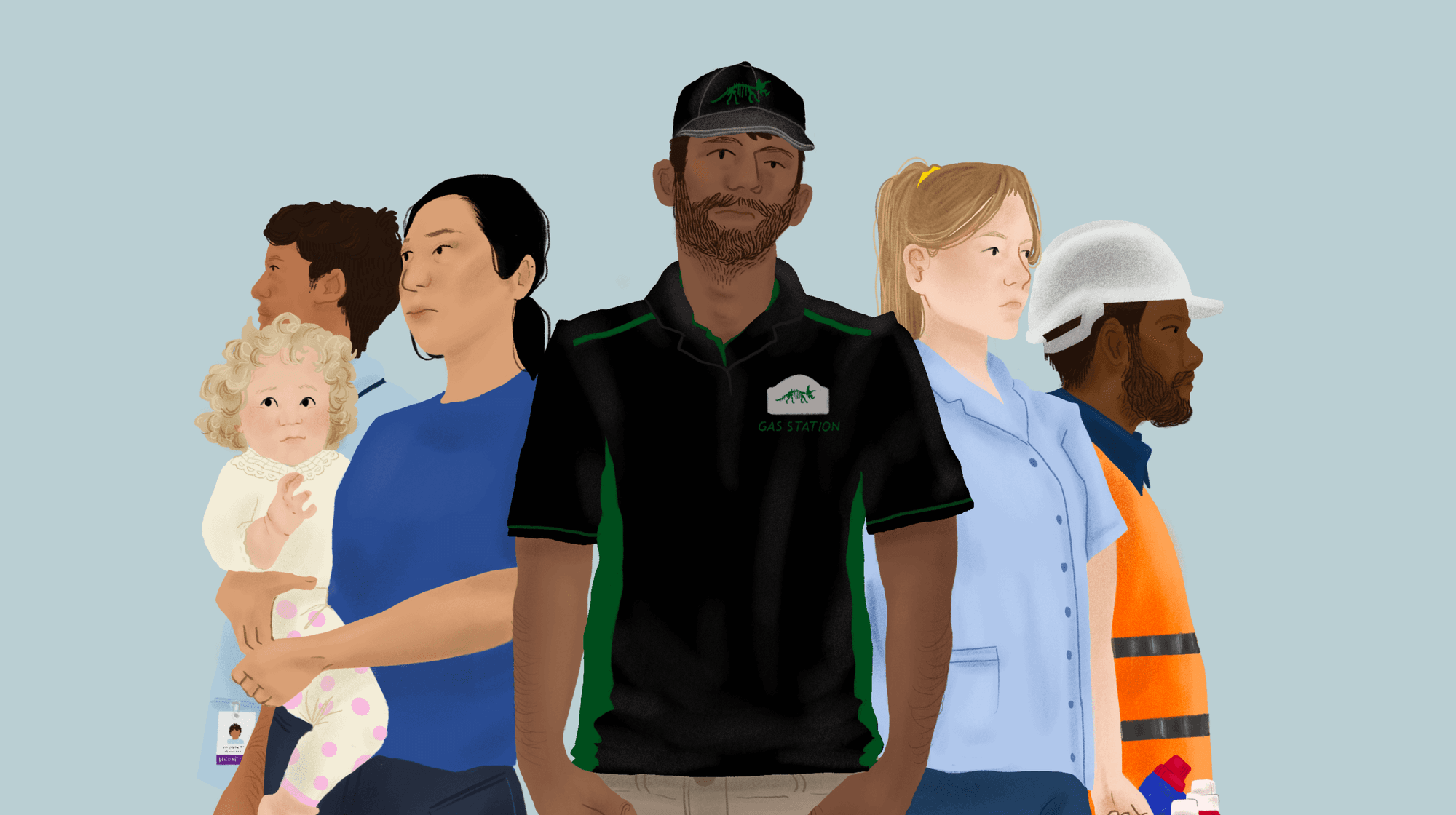 An illustration shows five people in a semi-circle including a health care worker, a caregiver, a gas station attendant and a construction worker.