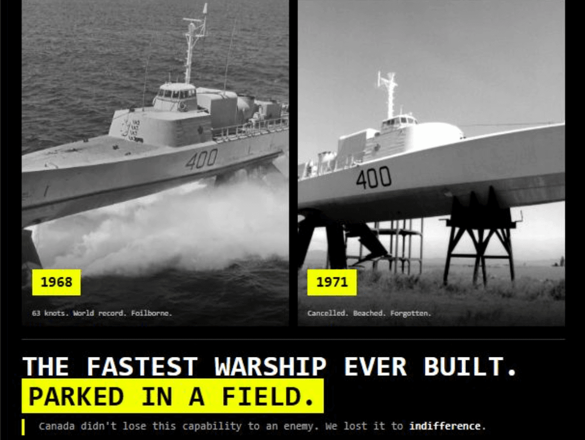 A post by the Alliance of Canadian Defence Companies showing black and white photos of a warship with the words "THE FASTEST WARSHIP EVER BUILT. PARKED IN A FIELD."