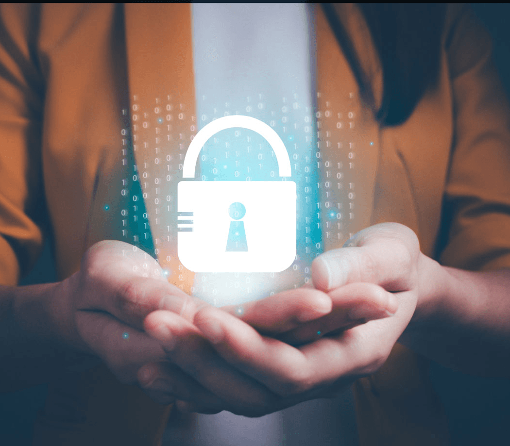 A woman's hands hold a ghosted-out lock and lines of small ones and zeros.