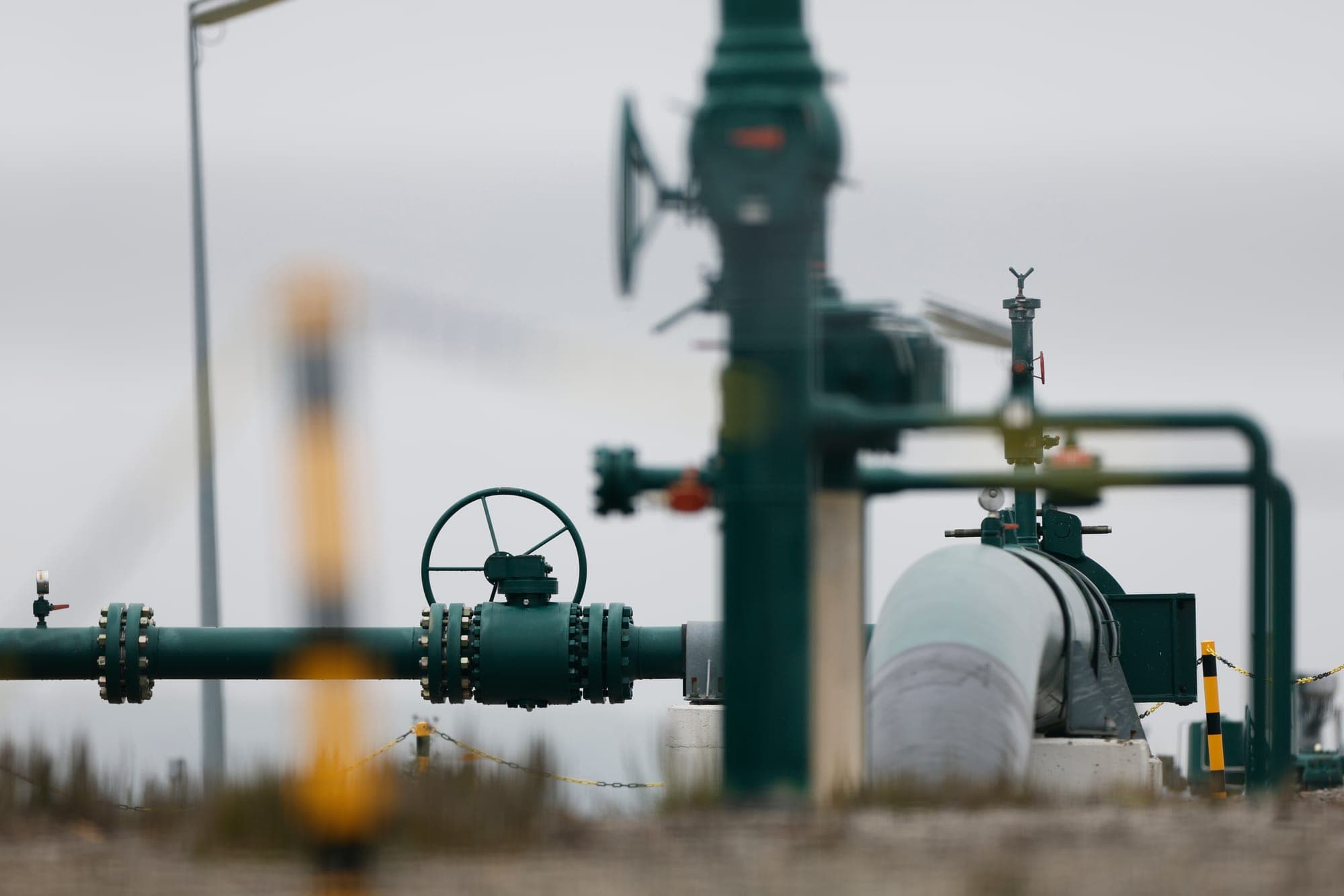 A low-profile portrait of a green gas pipeline in a field.