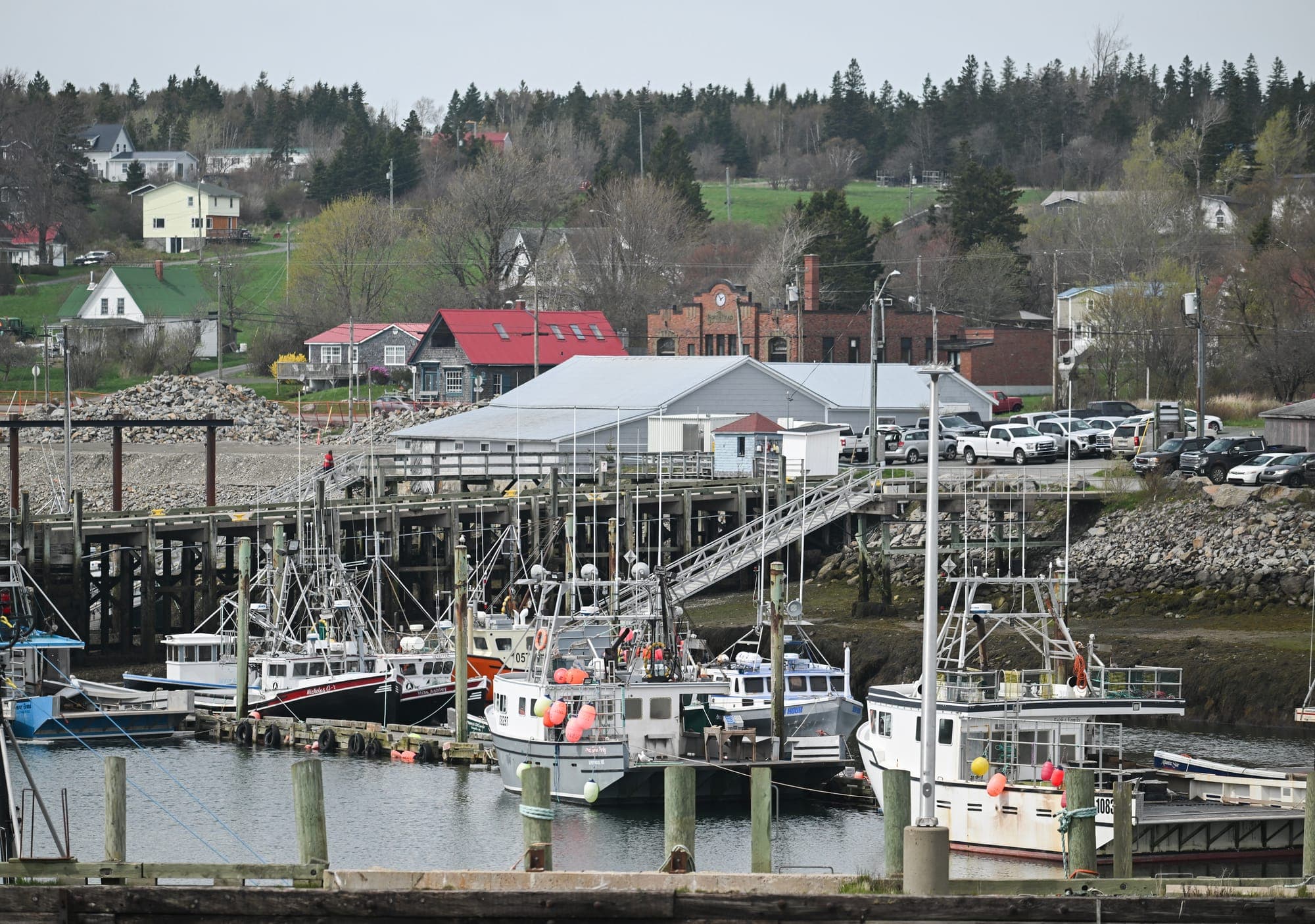 Fishing boats and houses on Grand Manan island, New Brunswick.