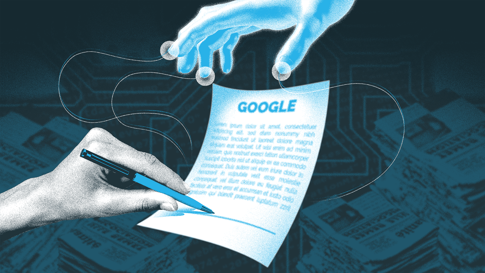 A hand signs a contact that says Google on it.