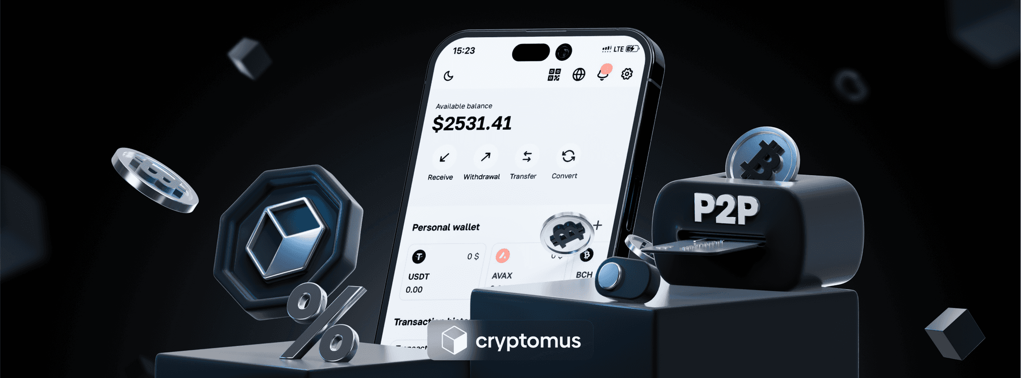 A white and black graphic showing a phone and the Cryptomus logo, a black and white cube.