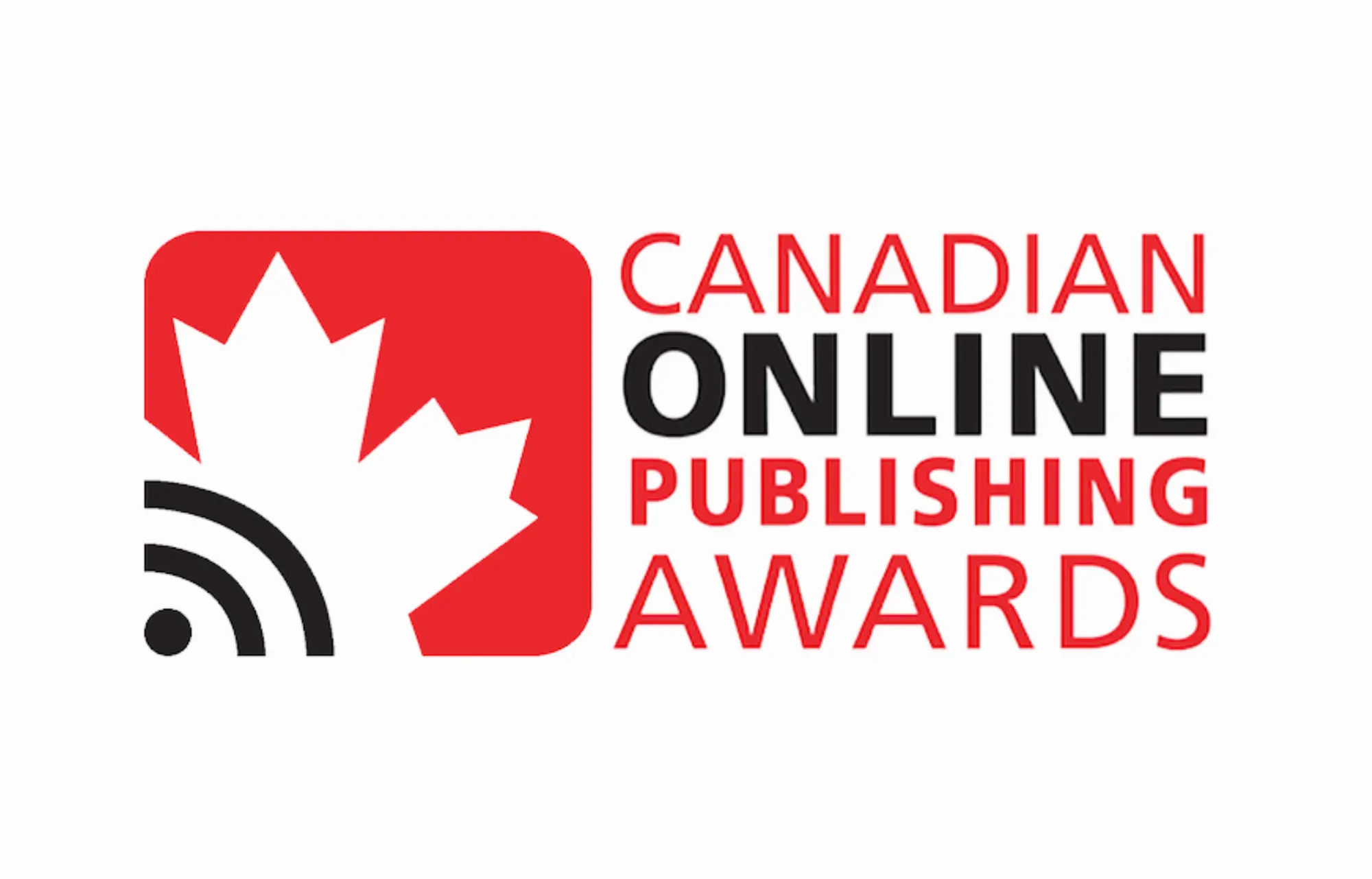 The logo of the Canadian Online Publishing Awards includes the outline of a maple leaf in a red square with a wifi symbol imposed on top.
