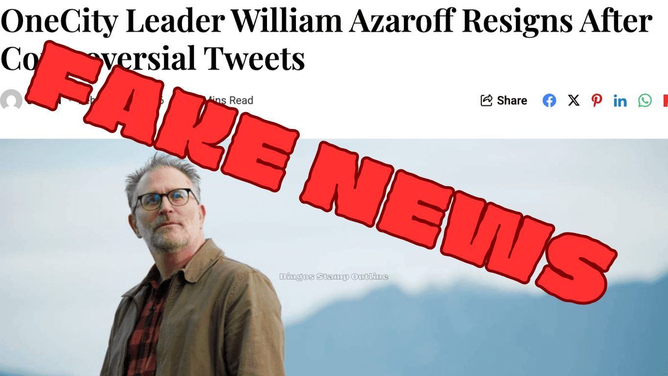 A red diagonal heading called "Fake News" is stamped across a website screenshot.