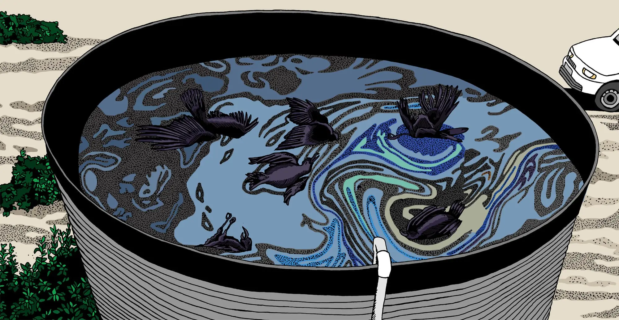 An illustration shows dead crows floating in an oil well.