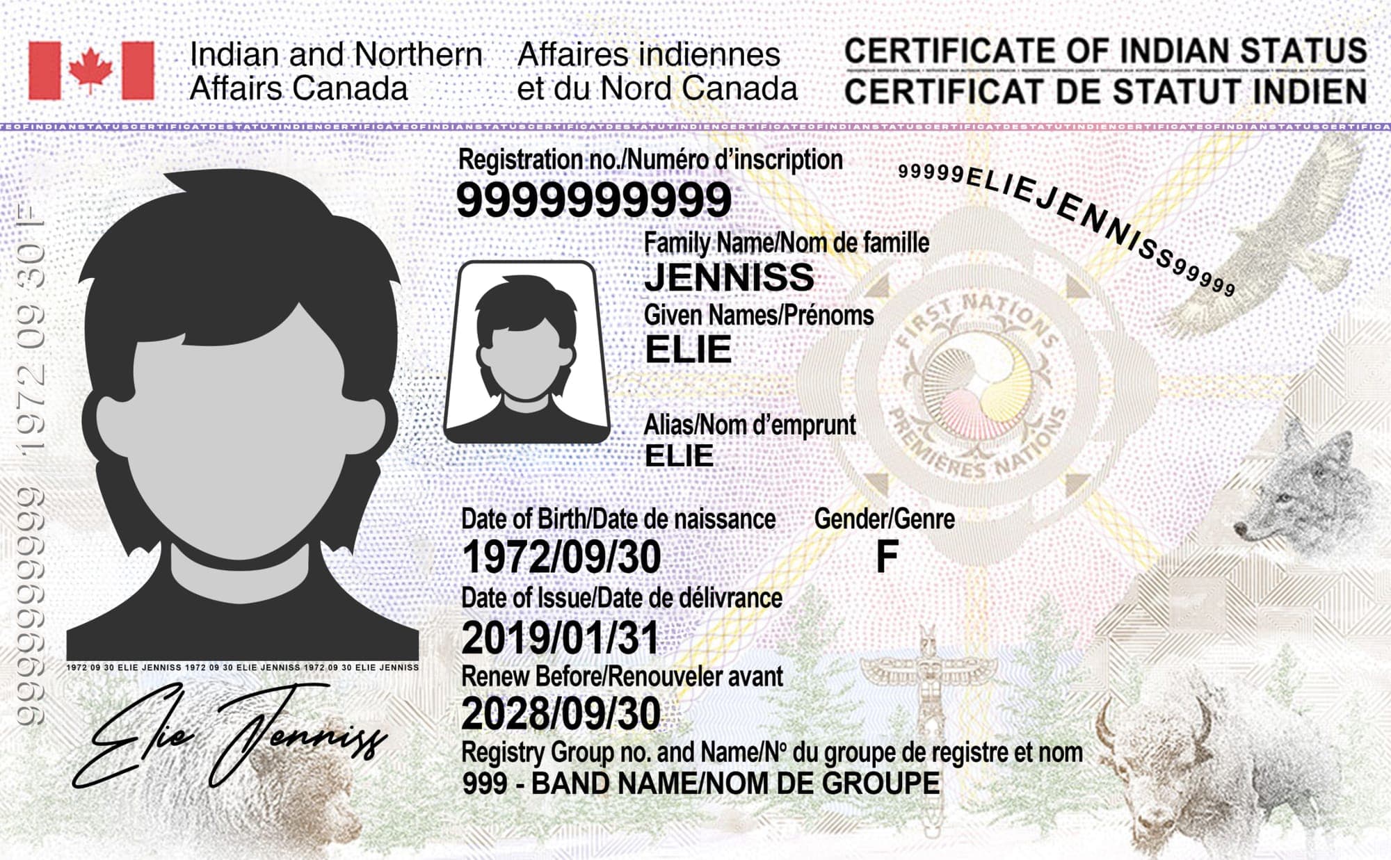A blank prototype of an Indian status card in muted pastel colours with pictures of animals and a First Nation medicine wheel.