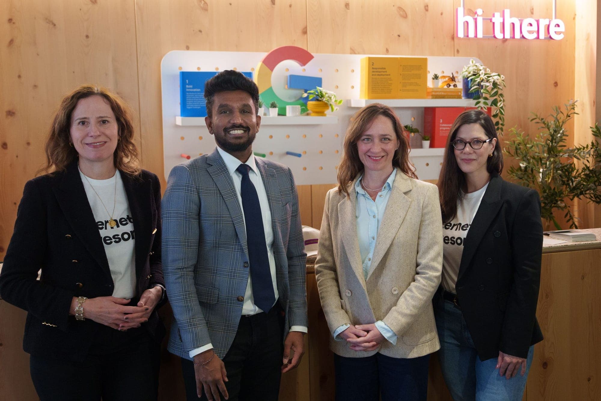Google execs pose with Ontario Associate Minister Vijay Thanigasalam and Secretary of State for Children and Youth Anna Gainey at Google's Toronto headquarters.