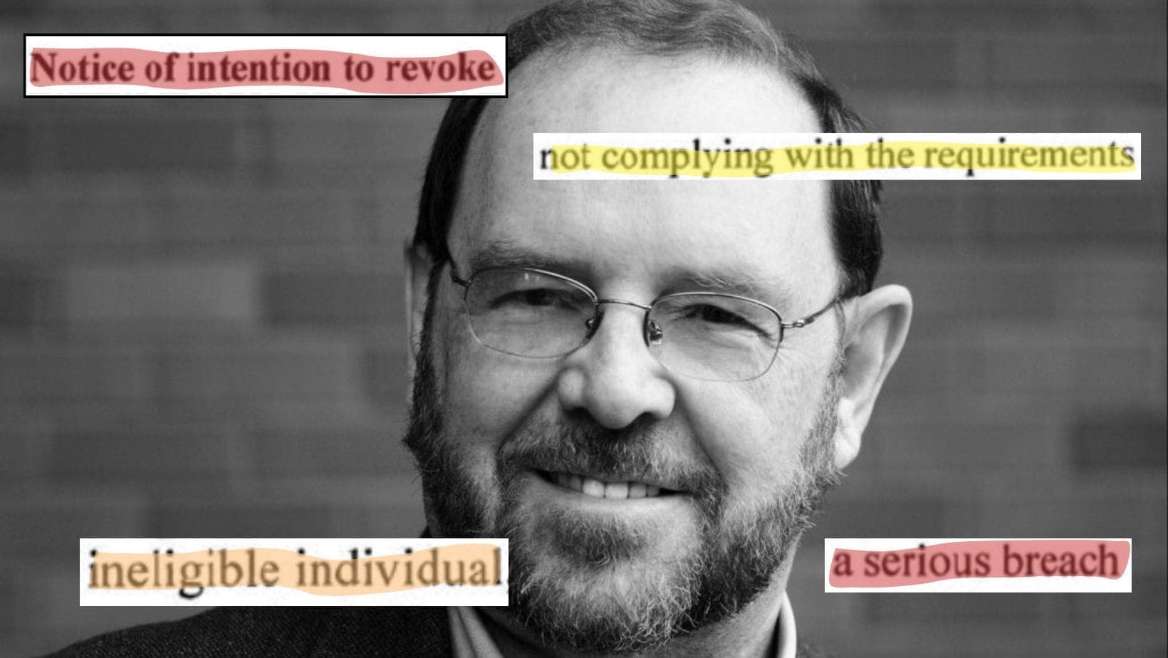 A black-and-white headshot of Blake Bromley is overlaid with text reading 'Notice of intention to revoke,' 'not complying with the requirements,' 'ineligible individual' and 'a serious brea