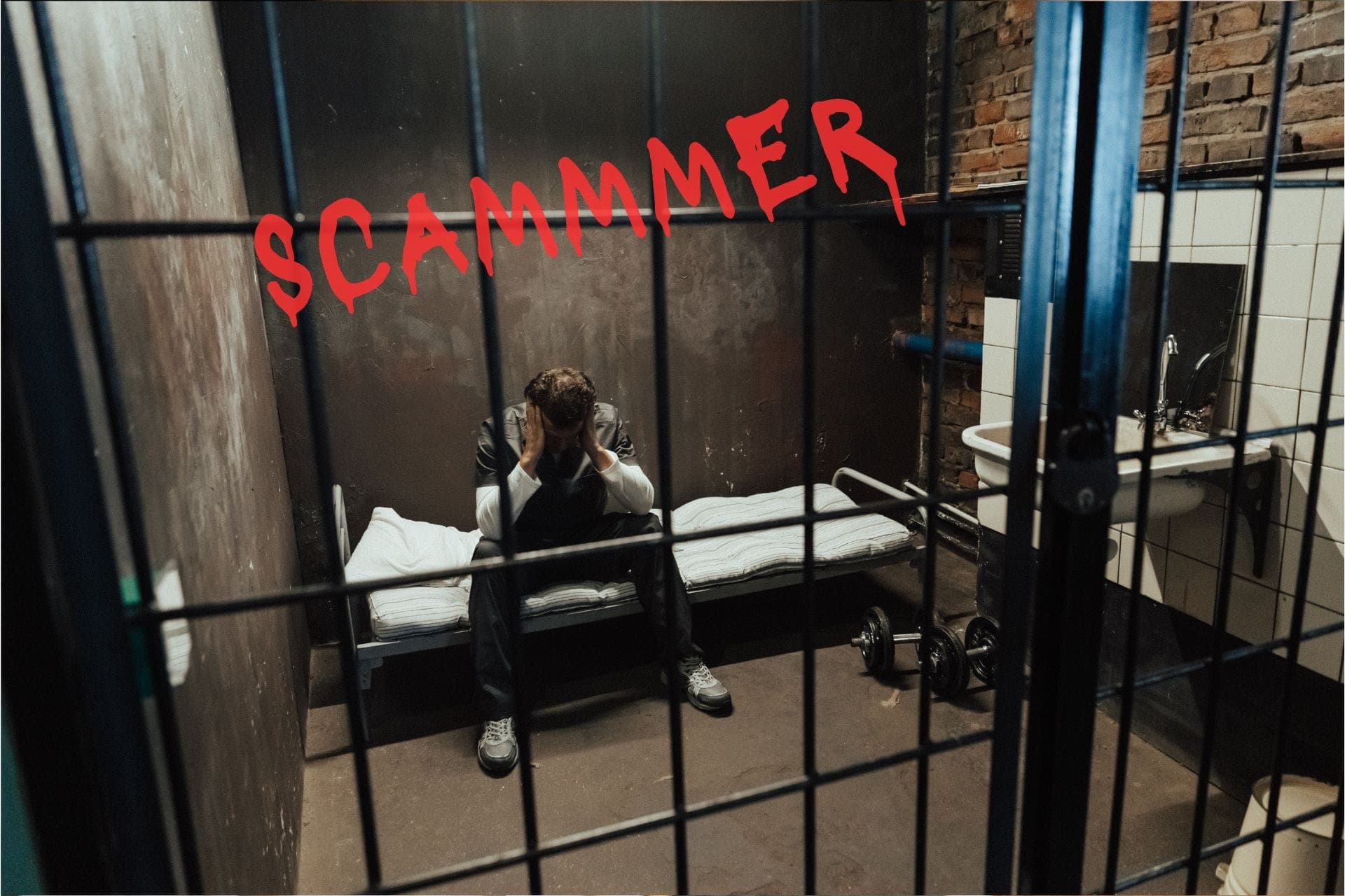 An inmate wearing a prison uniform sits behind bars with his head in his hands, below red text reading 'SCAMMER.'
