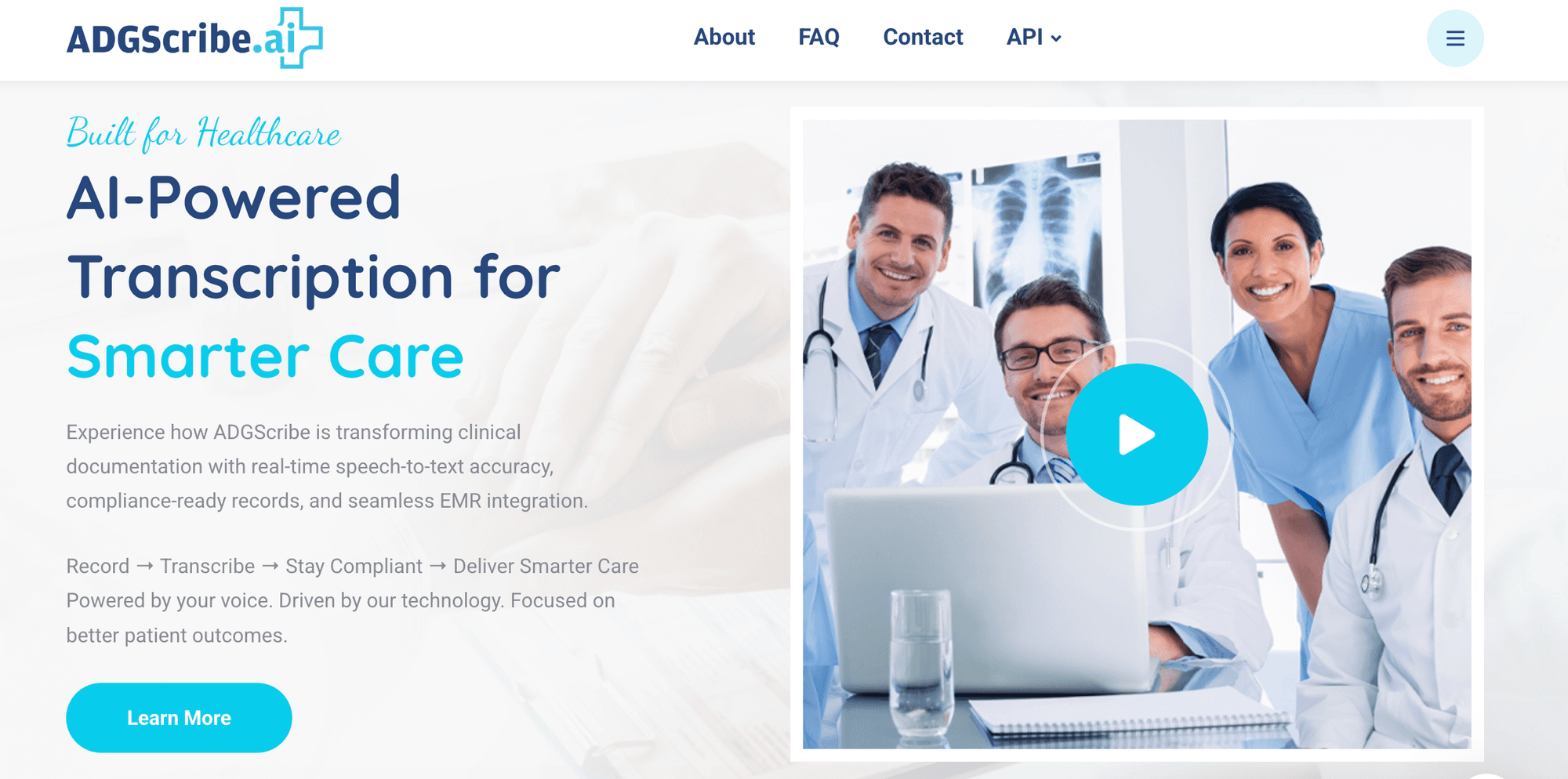 A screen capture of the ADGScribe website featuring a description of their services and a stock image of medical professionals.