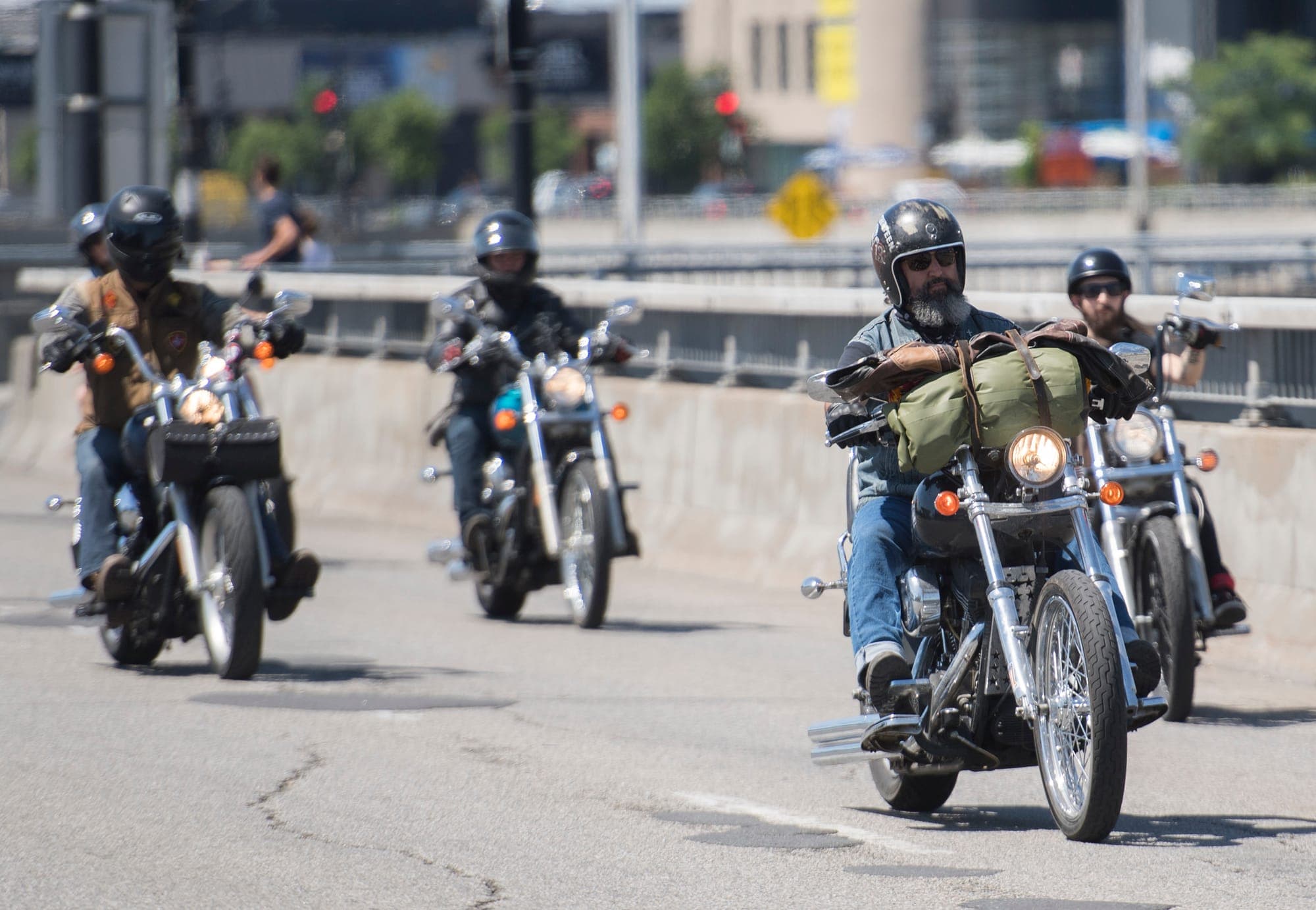 People take part in a motorcycle ride against racism in Montreal on July 4, 2020.