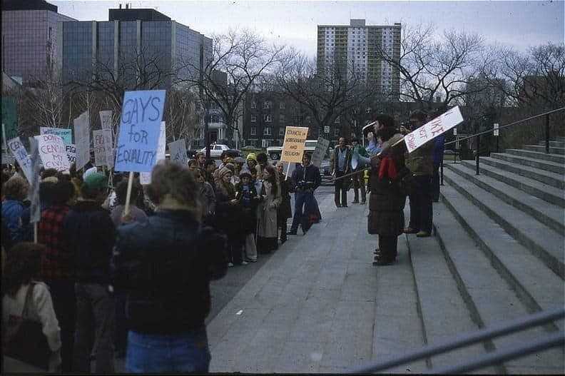 Members of the Council on Homosexuality and Religion participate in a 1980 protest against a planned book ban in Winnipeg.