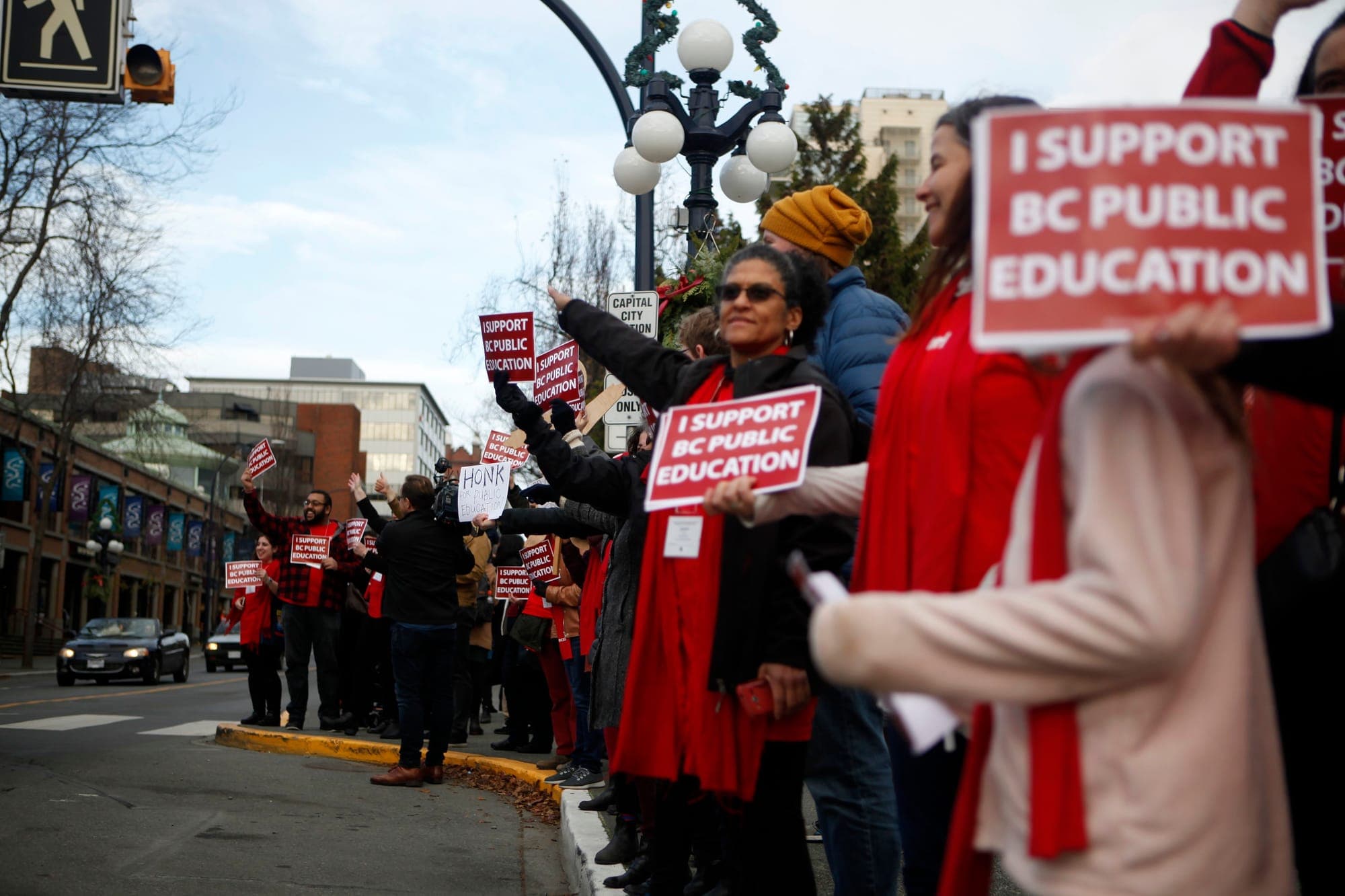 B.C. Teachers protest outside the BC NDP Convention in Victoria in 2019.