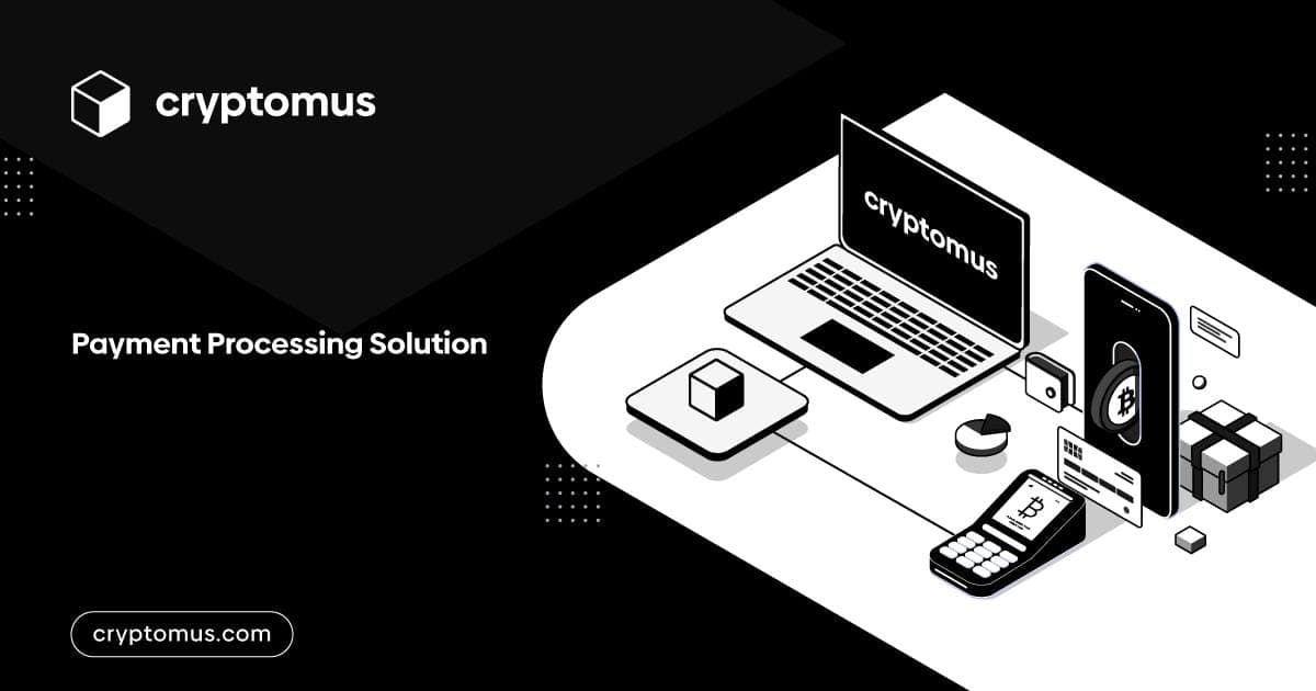 A black-and-white graphic featuring the Cryptomus logo on an illustrated computer screen.